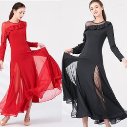 Stage Wear Black Red Ballroom Dance Dresses American Smooth Dress Tango Waltz Women Short Sleeve Flower Print Blue 873