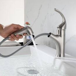 Bathroom Sink Faucets Stainless Steel Brushed Surface Pull-out Lengthened Mouth Retractable Washbasin And Cold Water Bathtub Faucet
