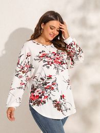 Women's Plus Size T-Shirt Finjani Plus Size Women Blouse Floral Print Criss Cross Back Blouses Curved Hem Top Elegant Women's Clothing 230216