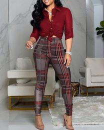 Women's Two Piece Pants 2023 Spring Women's Two-Piece Fashion Long-Sleeved Buttoned Down Shirt And Checked Trousers Suit Casual Office