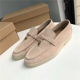 Designer Loropiana Charms Shoes High-grade Comfortable Fine Suede Nubuck Loafers Flat Bottom Casual Large Size Women's Shoes Bean Shoes Lp Buckle Single Shoes