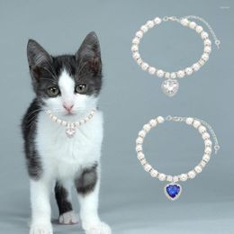 Dog Collars Pearl Rhinestone Adjustable Personalised Pet Necklace With Shiny Heart Pendant Puppycat Decoration Pets Accessories