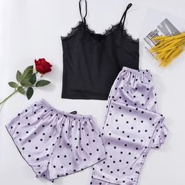 Women's Sleepwear QWEEK Silk Women Pyjama Polka Dot Pants Pijama 3 Piece Set Kawaii Pyjama Suit With Short Nightwear Sleeveless Homewear