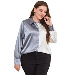 Women's Plus Size T-Shirt Women's Colour Block Button Down Blouse Turn Down Collar Long Sleeve Plus Size Shirt Female Oversized Satin Silk Casual Tops 230216