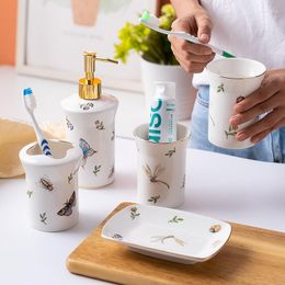 Bath Accessory Set White Printed Ceramic Bathroom 5pcs Soap Dispenser Toothbrush Cup Dish Home El Accessories Mouthwash