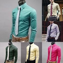 Men's Dress Shirts Fashion Men Solid Color Long Sleeve Buttons Down Shirt Slim Formal Business Top small size 230216