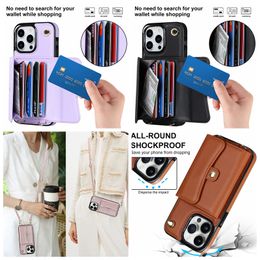 Fashion Organ Leather Wallet Cases For Iphone 15 14 Pro Max Plus 13 12 11 X XR XS MAX 8 7 SE2 Credit ID Card Slot Money Cash Pocket Holder Phone Back Cover Crossbody Lanyard