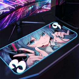 Mouse Pads Wrist Rests H-Hatsunes Miku Desk Mat RGB Large Mouse Pad Gaming LED Gamer Keyboard Backlit Mousepad cute Pc Accessories Xxl Extended Mice T230215