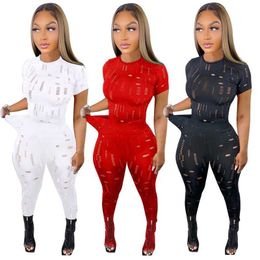 2023 Designer Tracksuits Summer Two Piece Sets Womens Outfits Ripped Sprotswear Short Sleeve Pullover T-shirt And Pants Casual Holes Sports