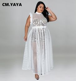 Plus size Dresses CM.YAYA Plus Size Women White Black Mesh See Though High Waist with Sashes Big Swing Maxi Dress Summer Long Dresses 230216