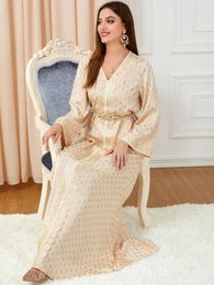Ethnic Clothing Abaya Muslim Dress Women Embroidery Lace Trim Belted Kaftan V-Neck Long Sleeve Arabic Islam Turkey Dubai Luxury Evening Robe
