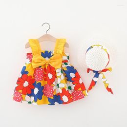 Girl Dresses Lovely Summer Dress Sunhat 2pcs/Set Infant Baby Princess Ruffle Floral Cotton Sundress Briefs Outfits Clothes