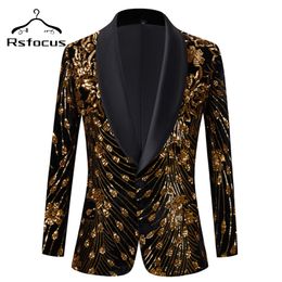 Mens Suits Blazers US Size Black Gold Sequin Blazer For Men Fashion Shiny Glitter Blazer Suit Jacket Shawl Collar Wedding Party Stage Costume XZ501 230216
