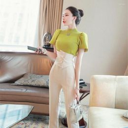 Women's Two Piece Pants 2023 Summer Suit Puff Sleeve Women Elegant Knit Top T Shirt Slim Straight Trousers Korean Fashion 2 Set Ladies Suits