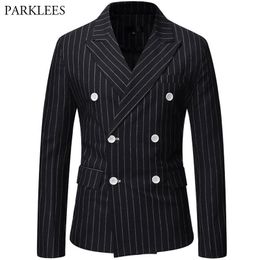 Mens Suits Blazers Black Striped Men Blazer Fashion Double Breasted Mens Suit Jacket Coats Casual Business Tuexdo Costume Homme Casaco Masculino 230216
