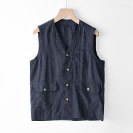Men's Vests Japan Style Harajuku Men Linen Vest Thin Simple Casual Loose Tops High Quality Yarn-Dyed Multi-Pockets Sleeveless Waistcoat