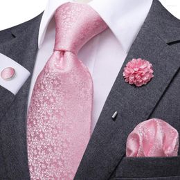 Bow Ties Pink Solid Floral Silk Wedding Tie For Men Handky Cufflink Boutonniere Necktie Fashion Design Business Party Dropship Hi-Tie