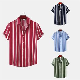 Summer Hawaii Stripe Shirts For Men Vacation Sandy Beach Short Sleeve Lapel Youth Single Breasted Casual Loose Shirt ST-1