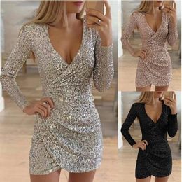 Casual Dresses Fashion Women Sexy Sequins Glitter V-neck Mini Solid Bodycon Ladies Long Sleeve Party Club Dress Clothes Vestidos 230216