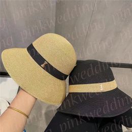 Women Straw Bucket Hats Brand Metal Letter Sun Hats Summer Beach Vacation Caps Visor Golf Hat