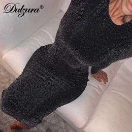 Casual Dresses Dulzura glitter sparkle bling pure long sleeve dress sexy party 2021 autumn winter elegant bodycon christmas sequins club T230210