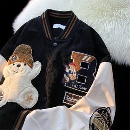 Women's Jackets Bear Letter Flocking Embroidered Coats Y2K Street Retro Corduroy Fabric Baseball Uniform Couple 230216
