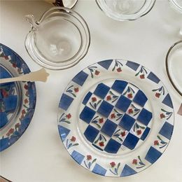 Plates Korean Ins Flower Glass Plate Vintage Medium Antique Blue Cake Dessert Dinner S