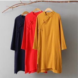 Casual Dresses 2023 Spring Cotton Linen Comfortable Chinese Style Women Dress Brand Vintage Autunm Vestidos White Black Red