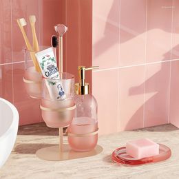 Bath Accessory Set Pink Frosted Glass Bathroom Kit Metal Rack Dispenser Amenities Storage Lotion Bottle Accessories