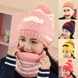 Berets Autumn And Winter Day Cold-proof Ma'am Wool Beret Three-piece Keep Warm Mustache Knitting Cap Hair Ball Suit Hat