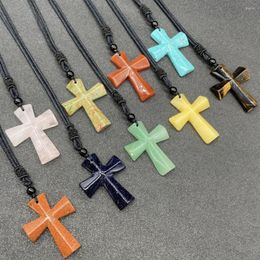 Pendant Necklaces Natural Crystal Cross Rose Quartz Agate Tiger Eye Gemstone Healing Crystals Stone Braided Necklacke Jesus Religious Gift