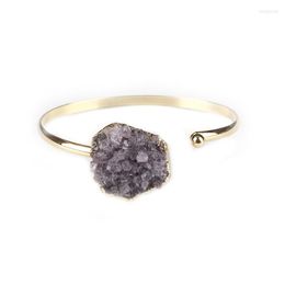 Bangle Arrival Light Purple Natural Druzy Stone Yellow Gold Color Metal Alloy Open Cuff Adjustable Bangles For Women