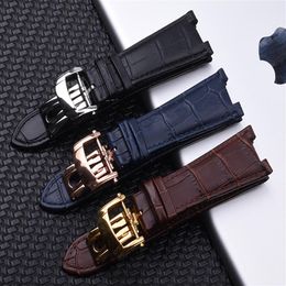 25mm Black Waterproof Genuine leather Watch Band Strap Fold Buckle Man Watchband Strap for PP Watch Nautilus201t