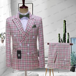 Men's Suits Blazers 2023 Style Boutique Pink Lattice Formal Business Mens Suit Set Groom Wedding Dress Double Breasted 2pces JacketPants 230216