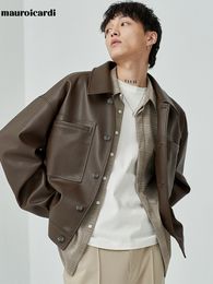 Men's Fur Faux Mauroicardi Spring Autumn Short Oversized Brown Black Soft Leather Jackets for Men Pockets Long Sleeve Korean Fashion 230216