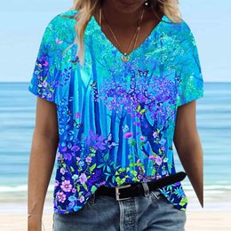 Women's T Shirts 2023 Summer Fashion Trend 3D Flower Tree Print T-shirt Women Plus Size V-neck Pullover Short-sleeved Loose Casual