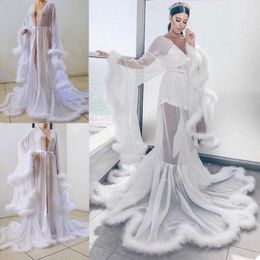 Bridesmaid Dress Chiffon Women Sleepgown Custom Made Long Sleeves With Feathers Pajamas One Piece Nightwear Sash