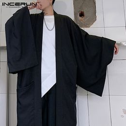 Men's Casual Shirts Men Black Cardigan Shirts Casual Open Stitch Outwear Man Trench Long Sleeve Long Coats Fashion Japanese Style Yukata Tops 230215