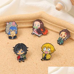 Cartoon Accessories Demon Slayer Chibi Enamel Pin Custom Brooch Tanjirou Nezuko Zenitsu Inosuke Giyuu Lapel Badge Jewellery Gift For F Dhwbx