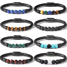 Charm Bracelets 8MM Natural Stone Genuine Leather Braided Bracelet Stainless Steel Volcanic Rock Tiger Eye Bead Bangles Men Jewellery