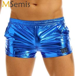 Men's Shorts Mens Shiny Metallic Boxer Shorts Low Rise Stage Performance Rave Clubwear Come Males Shorts Trunks Underpants Bottoms Z0216