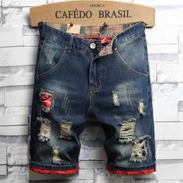 Men's Shorts Men's Retro Style Ripped Denim Shorts 2021 Summer New Fashion Casual Hole Patch Jean Shorts Male Brand Clothes Z0216