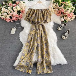 Women's Pants Women Jumpsuit Rompers Summer Casual Floral Print Off Shoulder Ruffles Lace-up Sashes Wide Leg Holidays Loose Jumpsuits