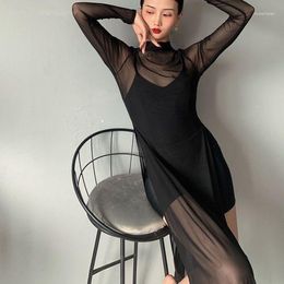 Stage Wear Chinese Style Cheongsam Mesh Dance Slim High-waist Split Inside Yoga Sexy Folk Qipao Dress Set