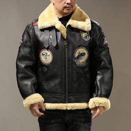 Men's Leather Faux Winter B3 Bomber s Shearing Wool Thickened Embroidered Mens Genuine Jackets Sheepskin Coat 230217