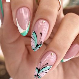 False Nails 3D Set Press On Faux Ongles Short French Almond Tips Glitter Green Butterfly Designs Cute Korean Acrylic Nail Kit