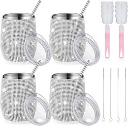 12oz Bling Water Bottle Rhinestone Wine Tumbler Diamond Tumbler Insulated Glitter Cups with Straw Brush for Wine Coffee Cocktails Champaign