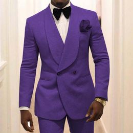 Men's Suits & Blazers Purple Double Breasted Prom For Men 2 Piece Slim Fit Floral Wedding Groomsmen Tuxedos 2023 Fashion Clothes Jacket Pant