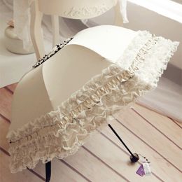 Umbrellas Sunny and Rainy for Women Fashion Protection UV Lace Folding Parasol Black Coating Anti 230217