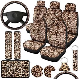 Seat Cushions 13 Pcs Leopard Print Car Ers Fl Set Steering Wheel Er Coasters Armrest Pad Drop Delivery Mobiles Motorcycles Interior Dhtu4